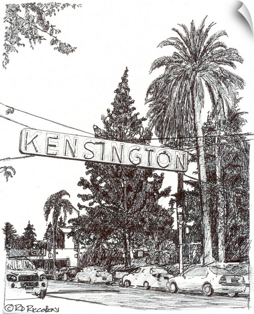 Kensington - San Diego - Pen and Ink drawing of the beloved neighborhood sign by California artist RD Riccoboni.