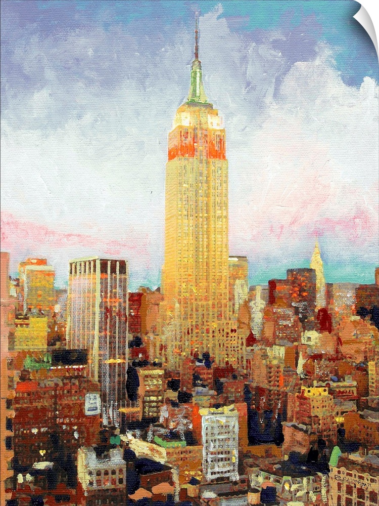 Empire State Building in the morning as the skyline comes to life in the day time colors from night colors.