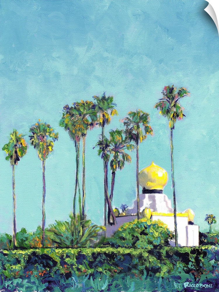 Painting of the Meditation Gardens at Swami's in Encinitas, California with palm trees surrounding it.