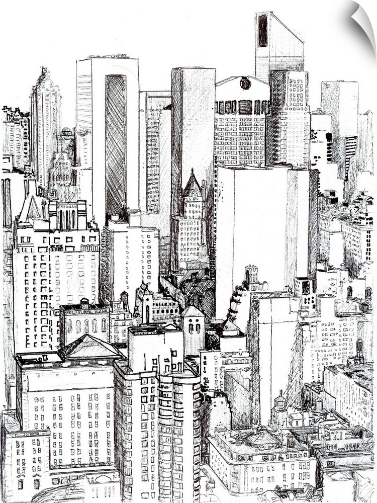 Midtown Manhattan, a pen and ink drawing of New York City by RD Riccoboni.  A view of the density of the buildings in New ...