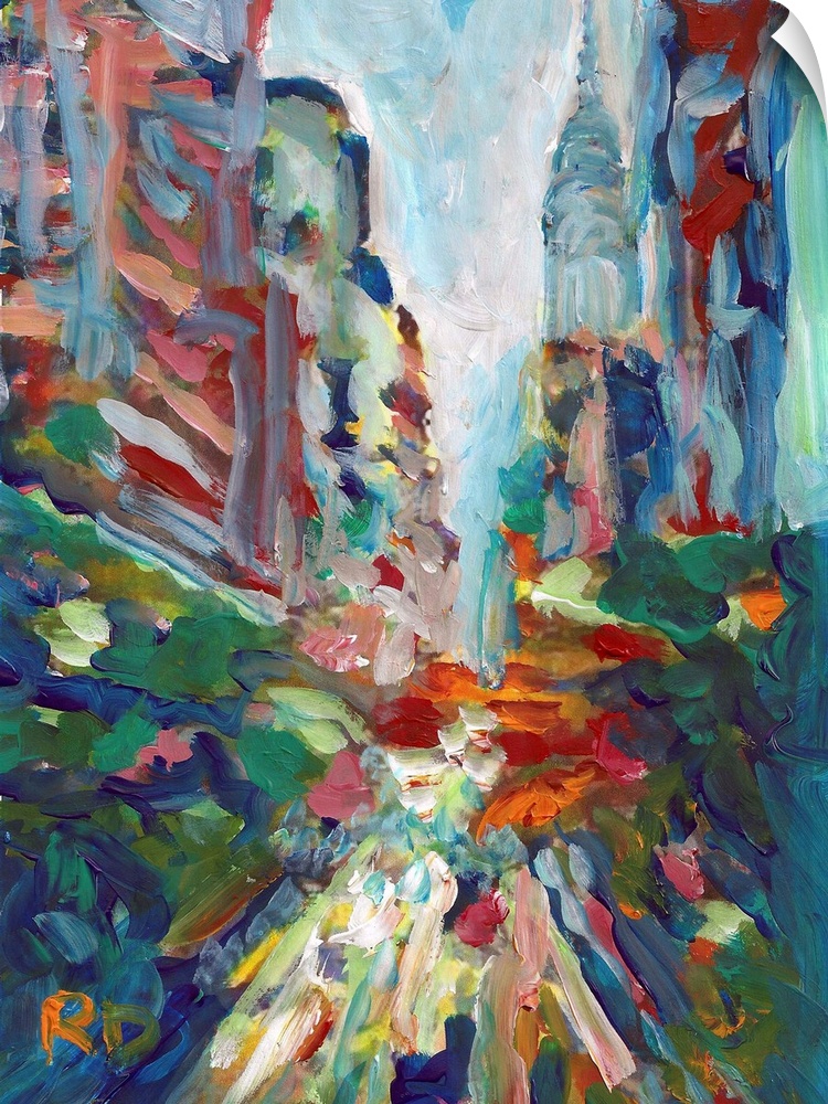New York 42nd Street Chrysler Building by RD Riccoboni, Abstract painting of NYC in green, blue, red, orange, white and ye...
