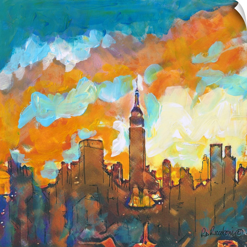 A Sunset in Manhattan by artist RD Riccoboni. The contemporary scene shows the architectural New York City skyline with th...