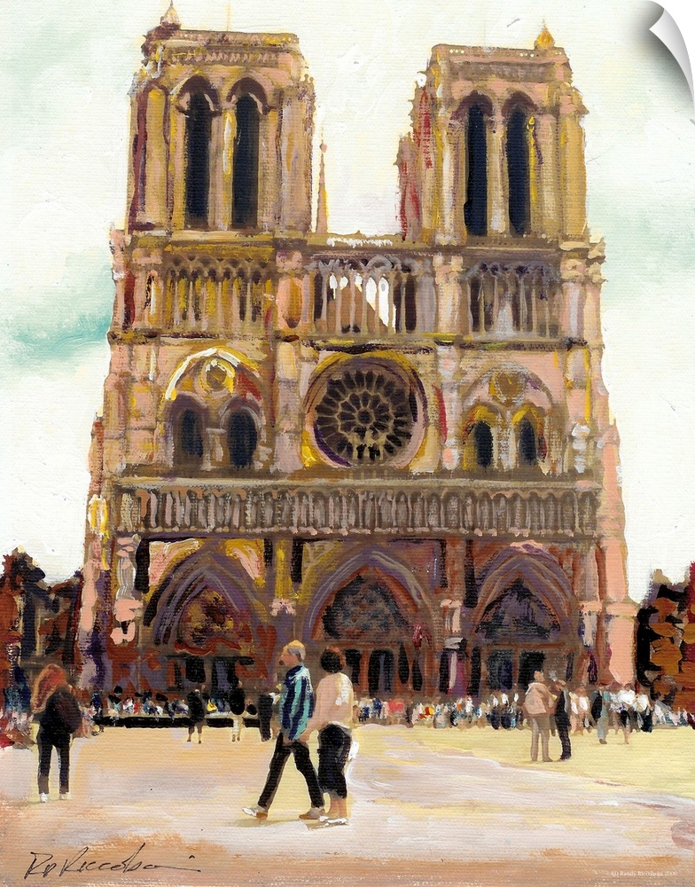 Painting of Notre Dame Cathedral in Paris, France with visitors in the foreground.
