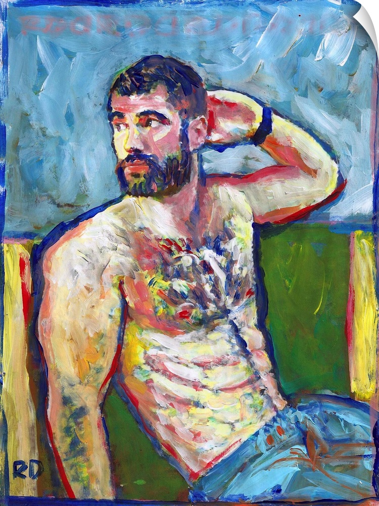 Handsome man with shirt off in this painting by RD Riccoboni.