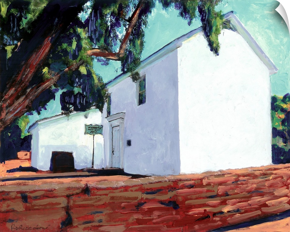 Contemporary painting of the Old Adobe chapel, one of the oldest buildings in California, originally a house it became a c...