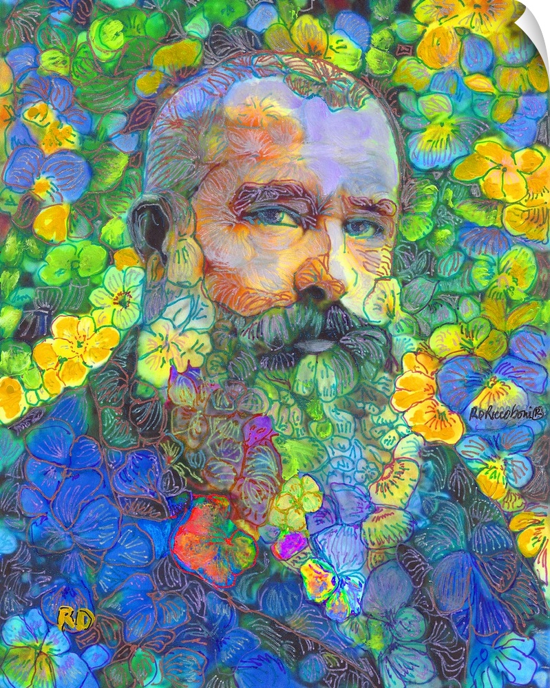 Papa Bear, Ode to Claude Monet in The Flower Garden, by RD Riccoboni. Flower Bear painting by Riccoboni. Yellows Blues and...