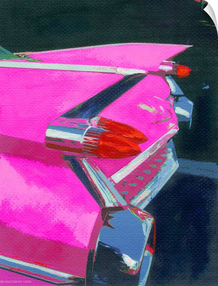 Pink-Fin Painting by RD Randy Riccoboni.  An Automotive portrait of a Cadillac in bright Pink offset by blue black chrome ...