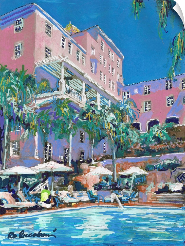Painting of the poolside at La Valencia, La Jolla Village, San Diego - California's iconic historic hotel.