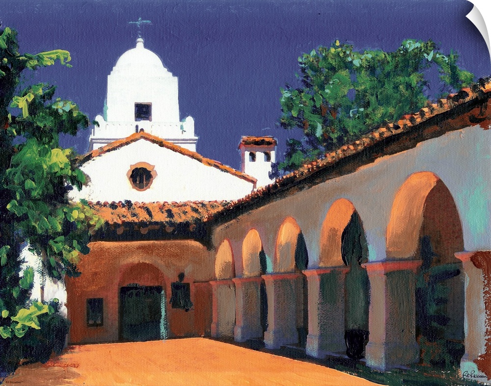 The Courtyard and arches of Junipero Serra Museum, in Presidio Park, painted by RD Riccoboni. One of the most familiar lan...