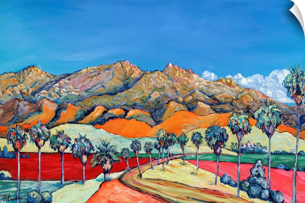 San Diego desert in exciting bright and bold colors. Blue skies and swaths of color, rugged mountains with a Palm tree lin...