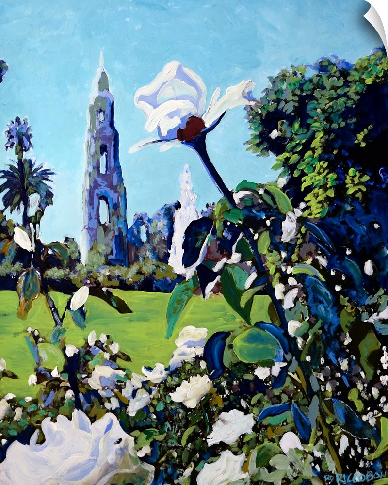 Rose Garden at Balboa Park, painting by RD Riccoboni.  White roses in the foreground with the California Building Tower do...