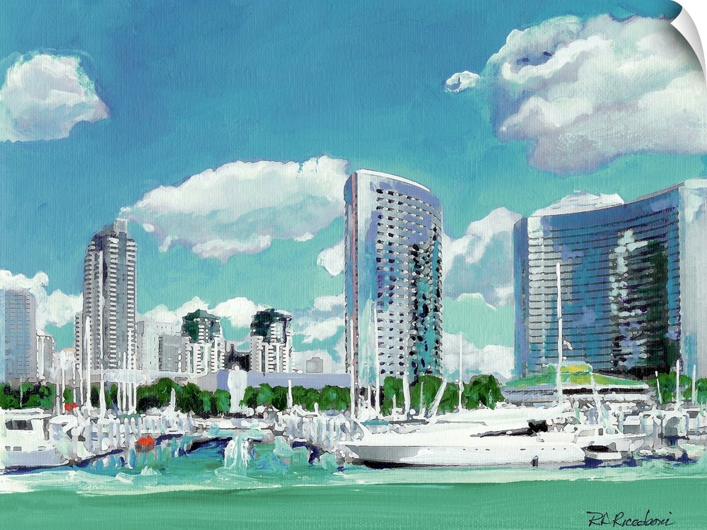 Painted view of part of the San Diego skyline with boats anchored in the marina in the foreground. This view is from the E...
