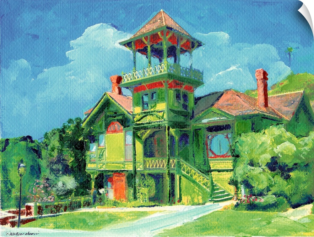 Sherman-Gilbert House, painted by San Diego artist RD Riccoboni, was built in 1887 and is a Stick Eastlake Victorian House...