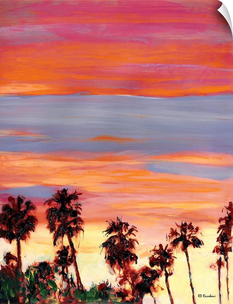 Silver Sunset San Diego by RD Riccoboni. Palm trees set against a vivid pink silver yellow and orange sky.