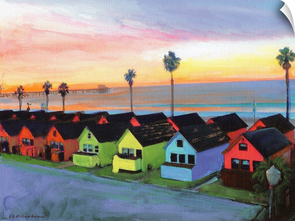 Painting of the sunrise over Oceanside California with Roberts multicolored Cottages and Oceanside Pier in the background.