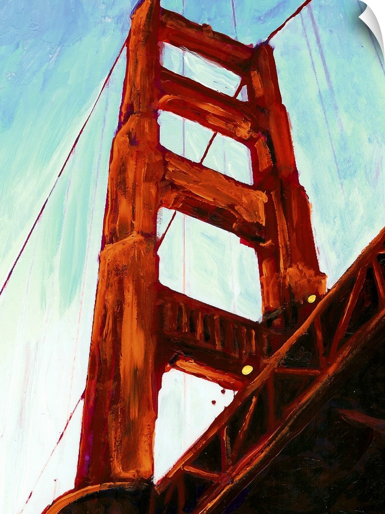 Painting of the Golden Gate Bridge architecture up close from a unique angle.