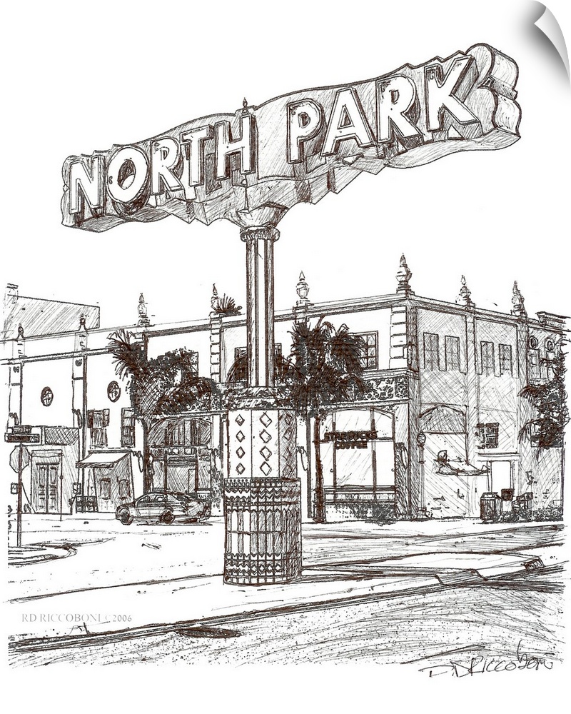 The North Park Sign, San Diego, California pen and ink drawing by RD Randy Riccoboni.  The North Park sign can be seen abo...