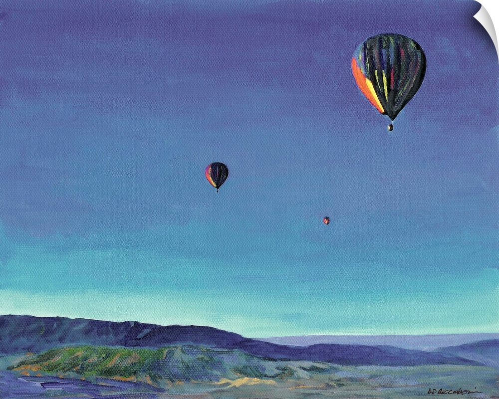Contemporary painting of three hot air balloons over a rural San Diego landscape.