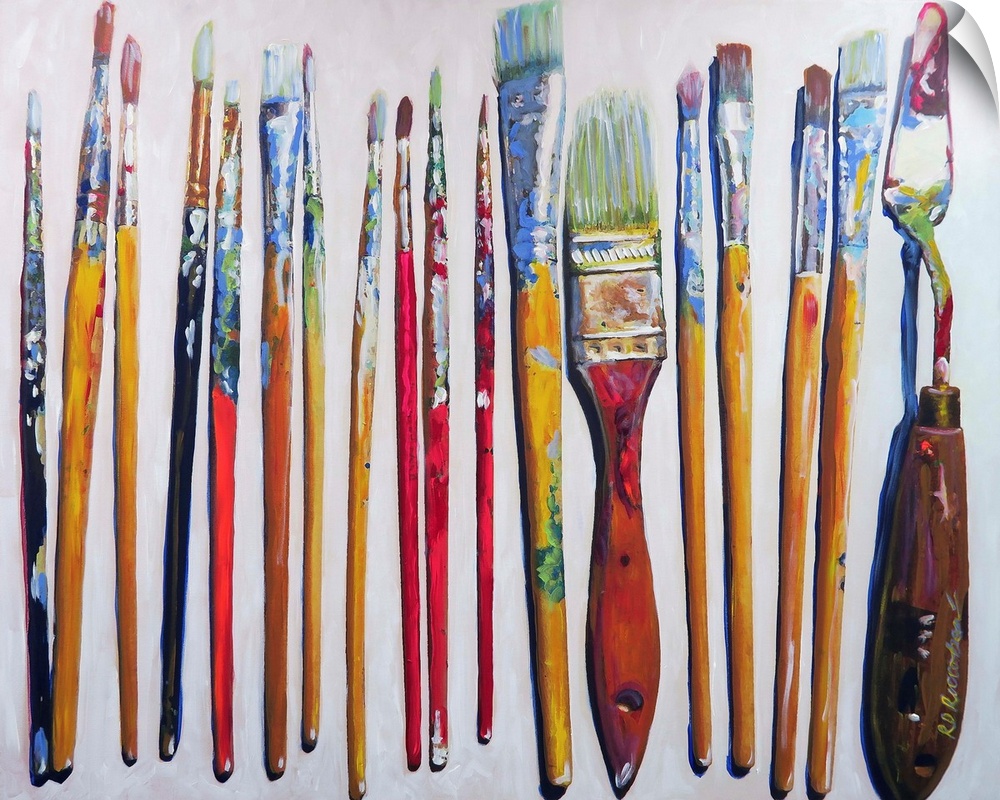 Contemporary painting of well used paint brushes and a palette knife on a white background.