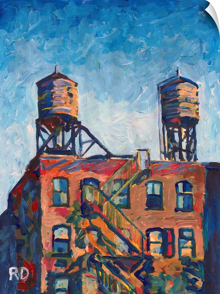 Sunny day in the city, Water Towers on top of the Apartment Building, New York City by RD Riccoboni, Abstract painting of ...