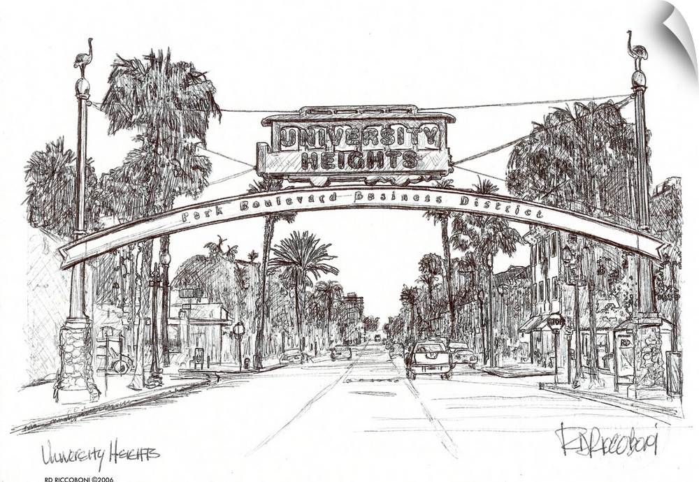 University Heights sign - San Diego by RD Riccoboni. A pen and ink drawing of the famous neighborhood sign. University Hei...