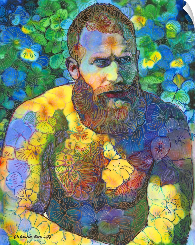 Portrait of a shirtless man with a beard covered in florals in the style of Vincent Van Gogh.