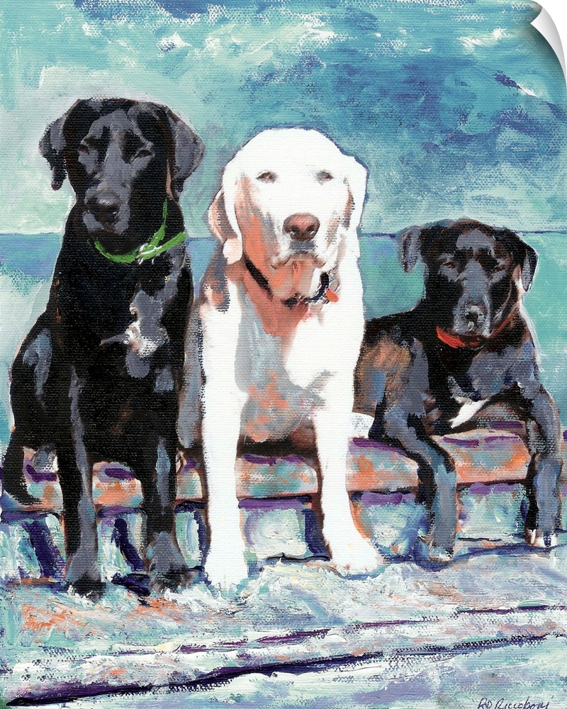 Contemporary painting of three Labradors, two black and one white.