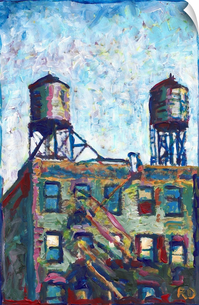 Water Towers in New York by RD Riccoboni, impressionist style painting of NYC in green, blue, red, orange, white and yello...