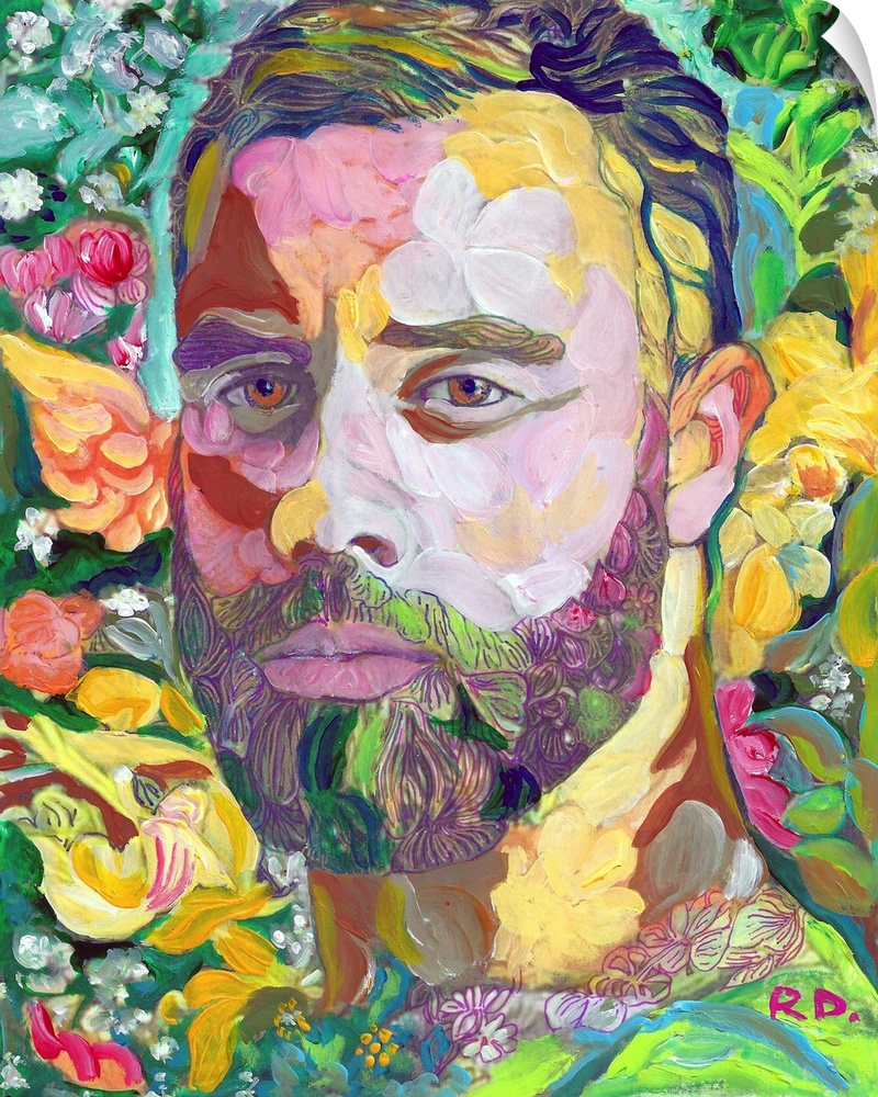 Painting of a handsome bearded man surrounded by florals, splashes and pops of color.