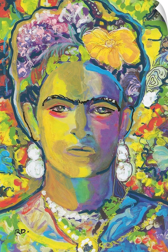 Yellow Frida by RD Riccoboni, painted in gold and yellow tones with red blue green purple and orange