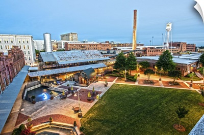 Aerial view of the American Tobacco Historic District campus at night, Durham, NC