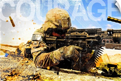 Air Force Grunge Poster: Courage. U.S. Air Force soldier fires the Mk48 gun