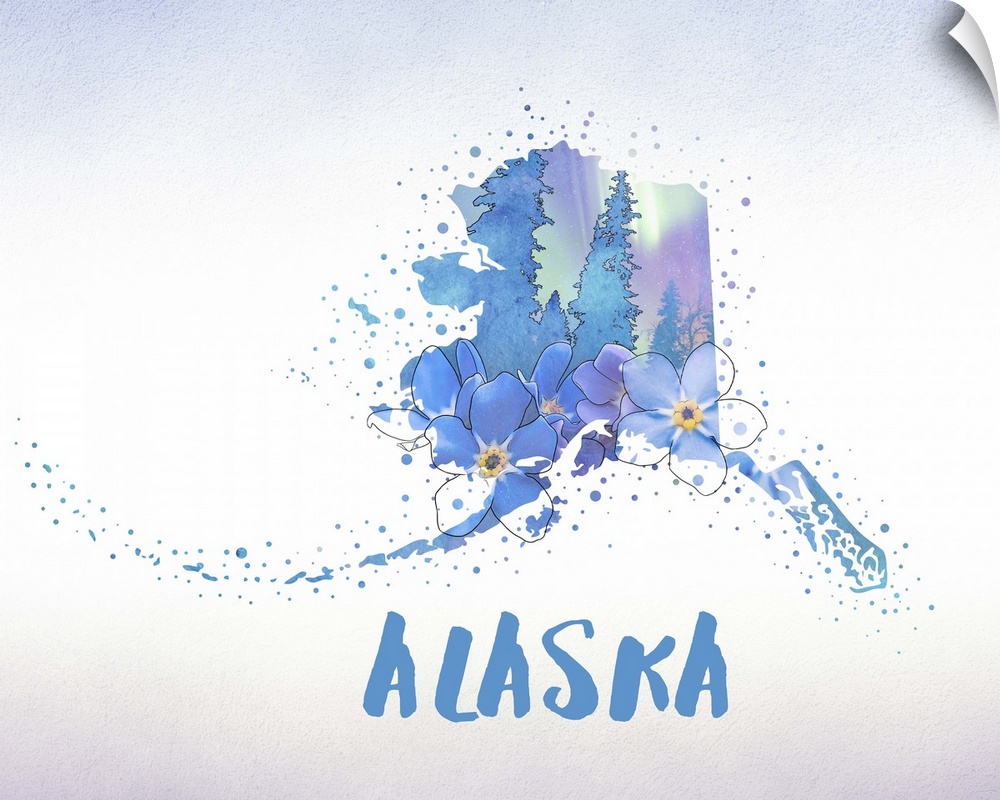 Outline of the state of Alaska filled with its state flower, the Forget-Me-Not.
