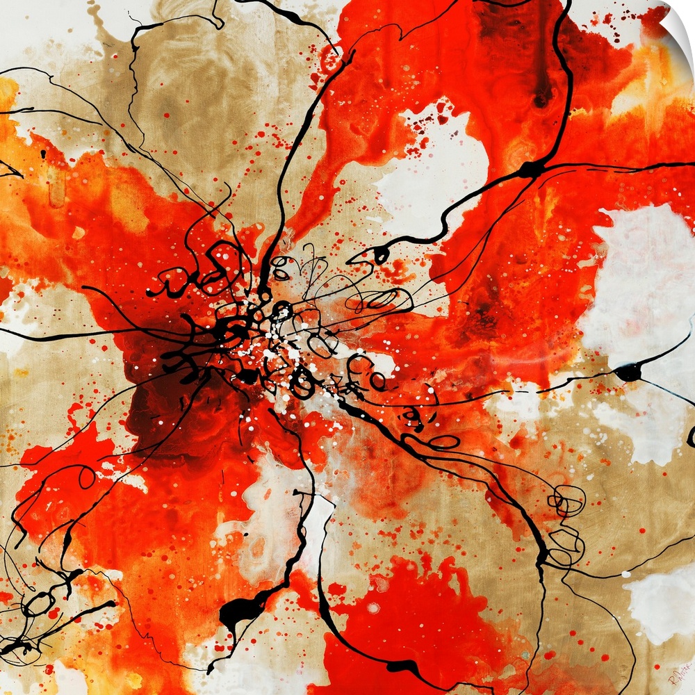 Outline of flower over a watercolor background painting in various shades of red and orange.