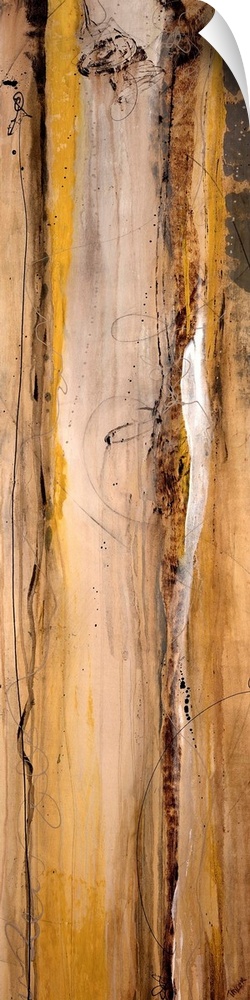 Vertical long canvas painting with abstract lines and wood grain texture.