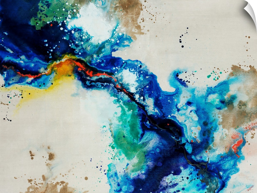 Abstract painting of a fluid blue line over a neutral background adorned with multi-color paint splatters.