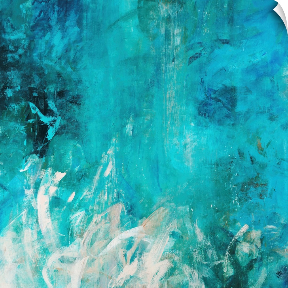 Contemporary abstract painting with cool colored brush strokes varying in length and direction.
