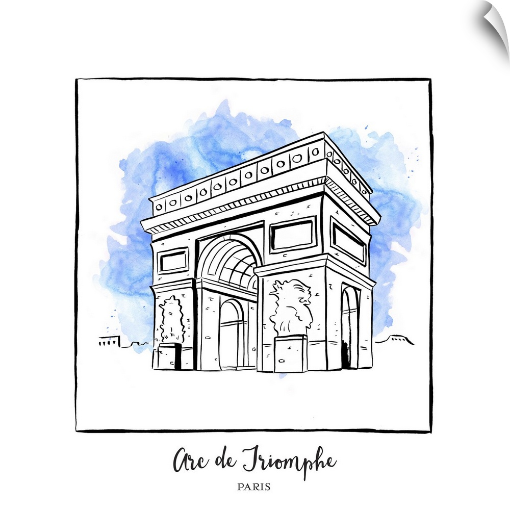 An ink illustration of the Arc de Triomphe in Paris, France, with a blue watercolor wash.