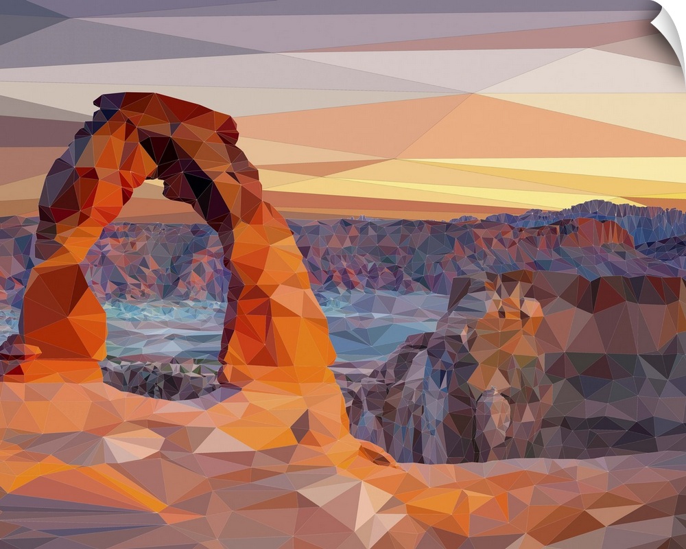 Delicate Arch in Arches National Park, Utah, rendered in a low-polygon style.