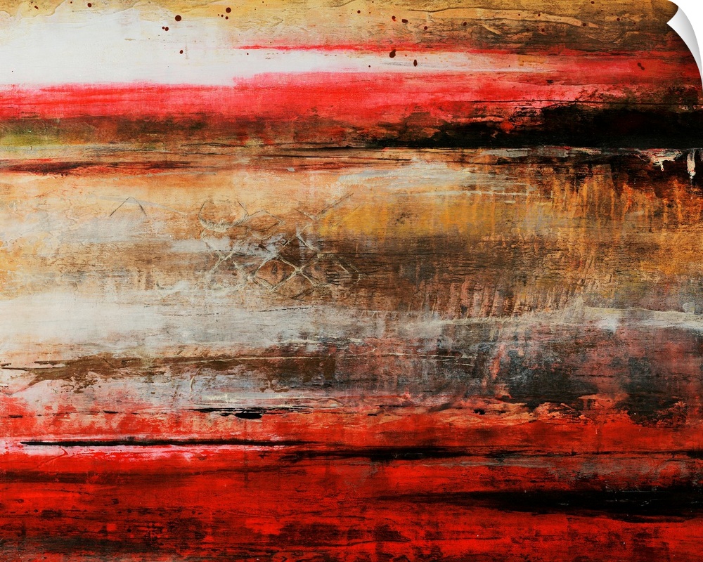 Abstract artwork painted with rich scarlet red and rich brown tones.