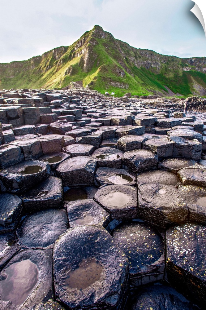 Landscape photograph of the basalt columns on Giant's Causeway with rocky hills and in the background.