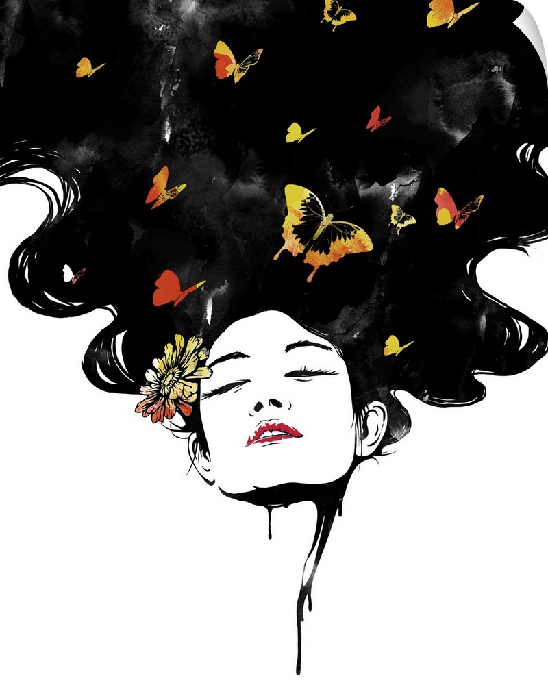 Illustration of a woman's face with her hair flowing above her, filled with butterflies.