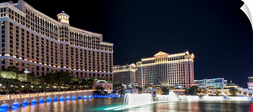 Photograph of the Bellagio Water Show outside of the Bellagio and Caesar's Palace in Las Vegas, NV.