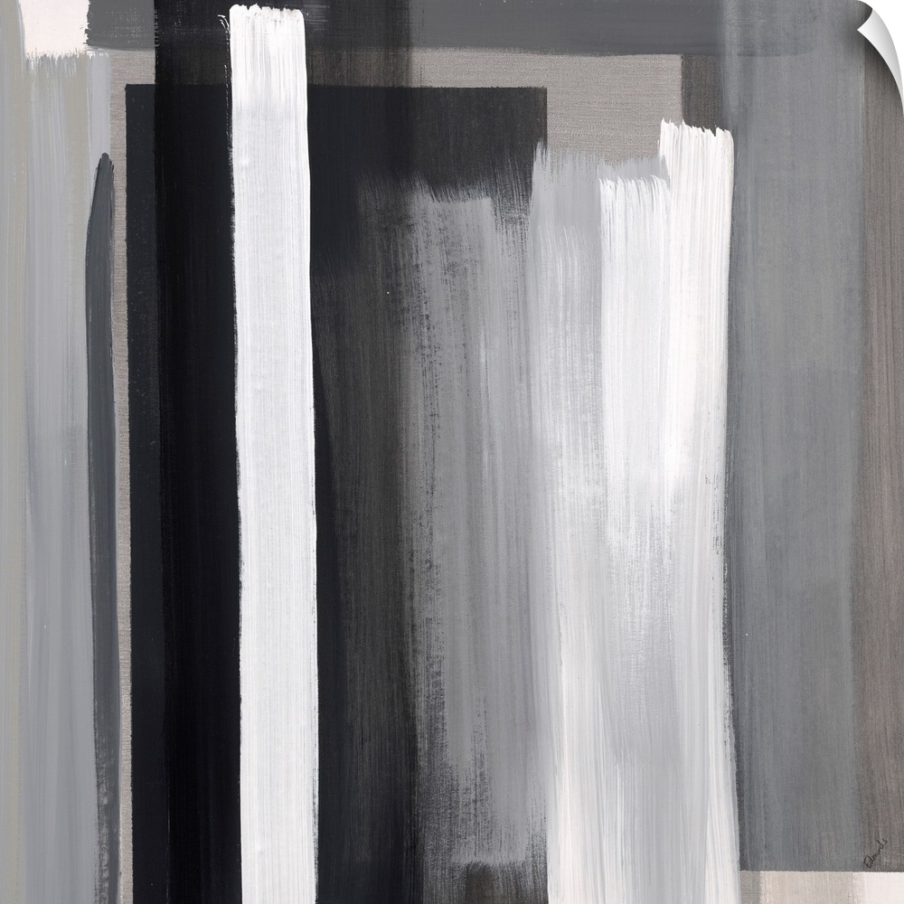 Abstract artwork of layered color blocks in white and black.