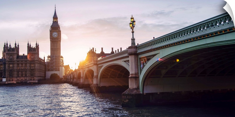 Photograph of Big Ben and the Westminster Bridge at sunset.