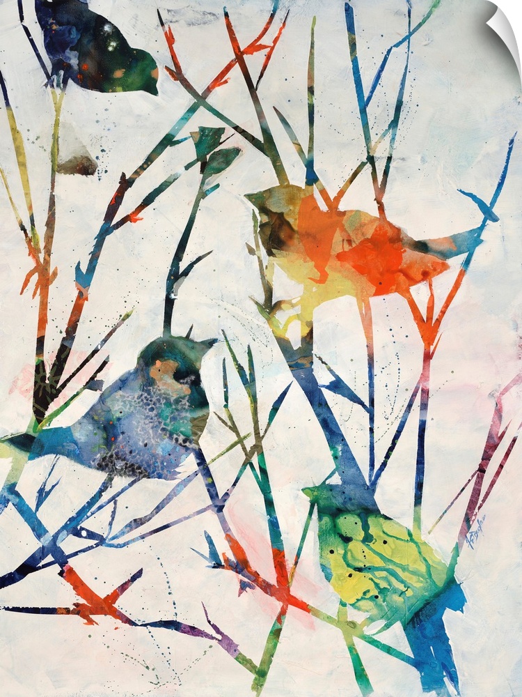 Contemporary art of four multicolored birds perched on bare tree branches that are vibrantly colored also.