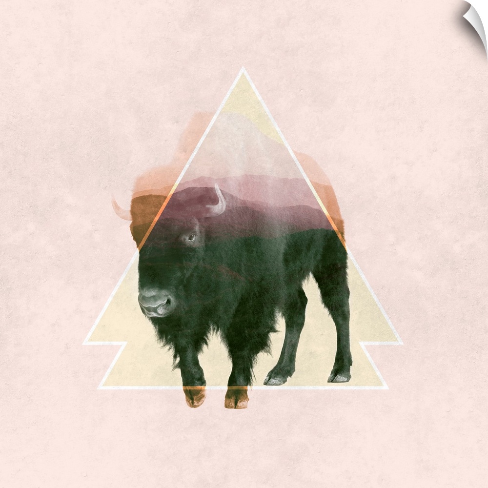 Double exposure artwork of a large bison and triangular shapes.