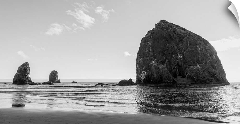 Black and white photograph of Haystack Rock in Oregon.