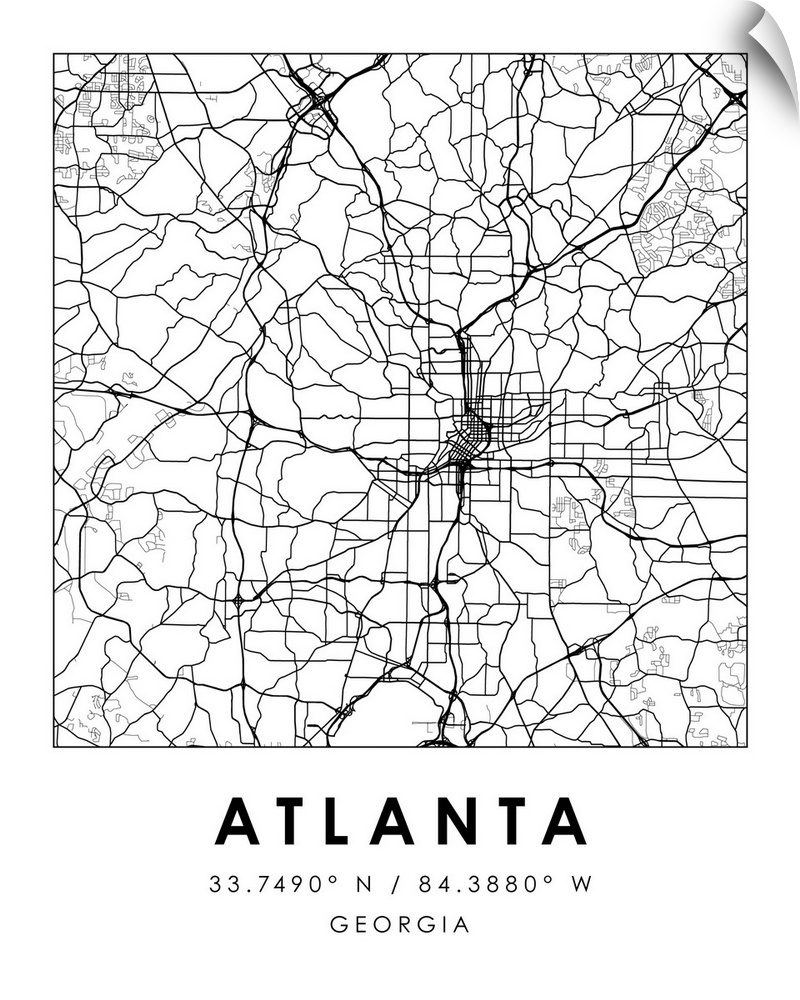 Black and white minimal city map of Atlanta, Georgia, USA with longitude and latitude coordinates.