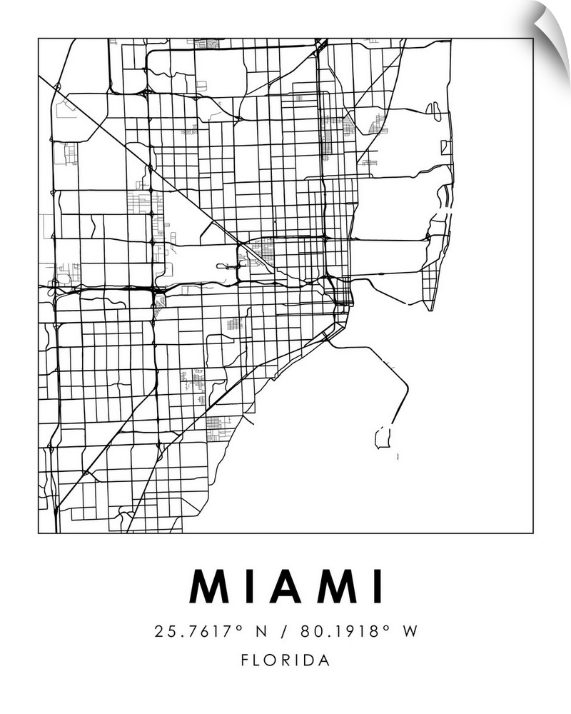 Black and white minimal city map of Miami, Florida USA with longitude and latitude coordinates.